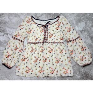 Women M Top Pullover Peasant Cottagecore Long Sleeve Cream Colorful Floral Boho